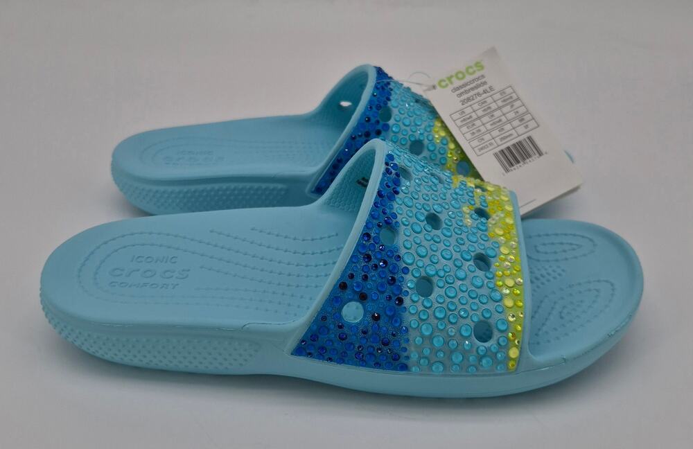 Crocs Classic Crocs Slide Sandals Women's 8 Men's 6 Blue Rhinestone Comfort